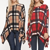 Fashion Long Sleeve Round Neck Irregular Hem Plaid T-shirt