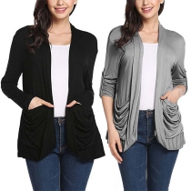 Fashion Solid Color Long Sleeve Wrinkled Cardigan