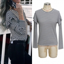 Fashion Long Sleeve Round Neck Slim Fit Striped T-shirt