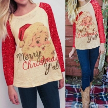 Fashion Lace Spliced Long Sleeve Round Neck Santa Claus Printed T-shirt
