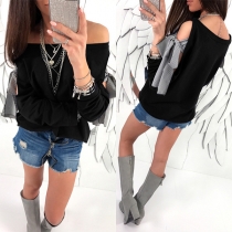 Sexy Off-shoulder Boat Neck Lace-up Long Sleeve Solid Color Top