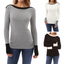Fashion Contrast Color Long Sleeve Round Neck Slim Fit T-shirt