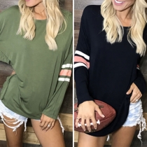 Fashion Contrast Color Long Sleeve Round Neck Loose T-shirt