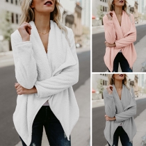 Fashion Solid Color Long Sleeve Irregular Hem Plush Cardigan