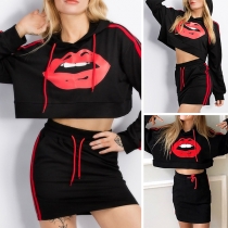 Sexy Red-lip Printed Long Sleeve Hooded Crop Top