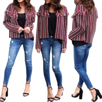 Fashion Long Sleeve Contrast Color Jacquard Tassel Coat