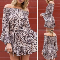 Sexy Off-shoulder Boat Neck Trumpet Sleeve Ruffle Hem Leopard Print Dress