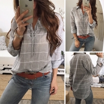 OL Style Long Sleeve POLO Collar High-low Hem Plaid Shirt