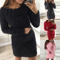 Fashion Solid Color Long Sleeve Round Neck Plush Tight Dress
