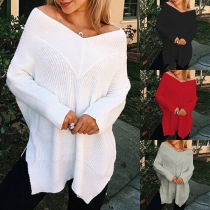 Fashion Solid Color Long Sleeve V-neck Slit Hem Loose Sweater