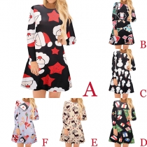 Cute Cartoon Printed Long Sleeve Round Neck Dress