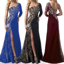 Sexy One-shoulder Long Sleeve Slit Hem Lace Spliced Party Dress