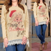 Fashion Long Sleeve Round Neck Lace Spliced Hem Santa Claus Printed T-shirt 