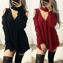 Sexy Off-shoulder Long Sleeve V-neck Knit Dress with Choker Strap