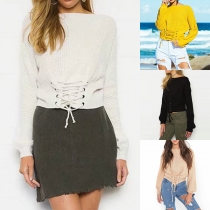Fashion Long Sleeve Round Neck Lace-up Hem Solid Color Sweater