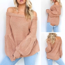 Sexy Off-shoulder Boat Neck Lantern Sleeve Solid Color Sweater