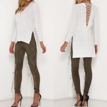 Sexy High Waist Hollow Out Lace-up Solid Color Skinny Pants