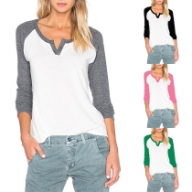 Fashion Contrast Color Long Sleeve V-neck Slim Fit T-shirt 