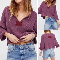 Fashion Solid Color Long Sleeve V-neck Knit Crop Top 