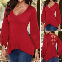 Sexy Backless V-neck Lantern Sleeve Irregular Hem Solid Color T-shirt