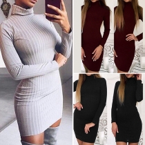 Fashion Solid Color Long Sleeve Turtleneck Slim Fit Knit Dress