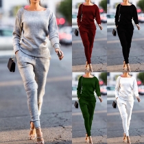 Fashion Solid Color Long Sleeve Round Neck Sweatshirt + Pants Sports Suit