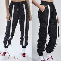 Fashion Contrast Color Elastic Waist Sports Casual Pants
