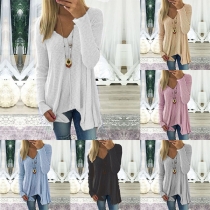 Fashion Solid Color Long Sleeve V-neck Irregular Hem Loose Sweater