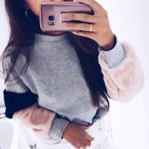 Fashion Contrast Color Plush Spliced Long Sleeve Round Neck Sweatshirt