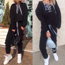 Fashion Lace-up V-neck Hoodie + Pants Solid Color Sports Suit