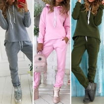 Fashion Solid Color Long Sleeve Hoodie + Pants Sports Suit