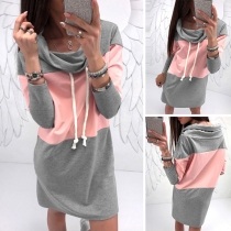Fashion Contrast Color Long Sleeve Cowl Neck Sweatshirt Dress