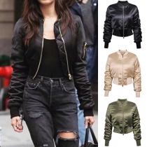 Fashion Solid Color Long Sleeve Stand Collar Bomber Jacket