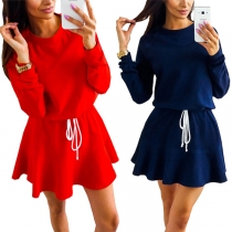 Fashion Solid Color Long Sleeve Round Neck Gathered Waist Dress