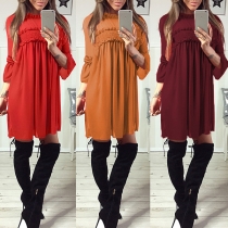 Fashion Solid Color Long Sleeve Round Neck Pleated Hem Chiffon Dress