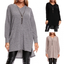 Fashion Solid Color Long Sleeve V-neck High-low Hem Sweater Dress