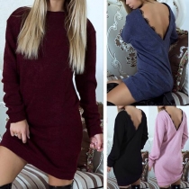 Sexy Lace Spliced V-shaped Backless Long Sleeve Solid Color Dress