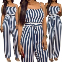 Sexy Backless High Waist Striped Sling Jumpsuit