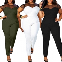 Sexy See-through Gauze Spliced Short Sleeve High Waist Jumpsuit