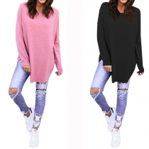 Fashion Solid Color Long Sleeve Round Neck Irregular Hem Loose T-shirt
