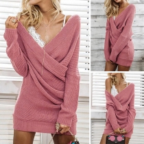 Sexy Crossover Deep V-neck Long Sleeve Solid Color Sweater Dress