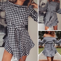 Sexy Off-shoulder Boat Neck Trumpet Sleeve Ruffle Hem Plaid Dress