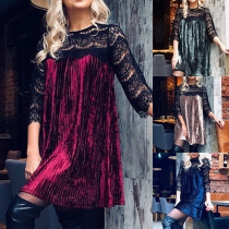 Sexy Lace Spliced 3/4 Sleeve Round Neck Pleated Dress