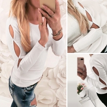 Sexy Hollow Out Long Sleeve Round Neck Solid Color T-shirt