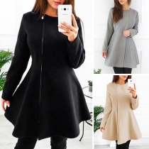 Elegant Solid Color Long Sleeve Round Neck Side-zipper Dress