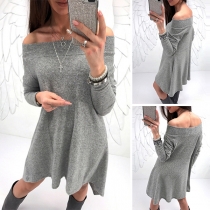 Sexy Off-shoulder Boat Neck Long Sleeve Irregular Hem Solid Color Dress