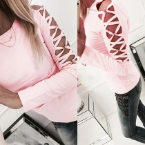 Sexy Hollow Out Long Sleeve Round Neck Solid Color T-shirt 