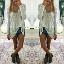 Fashion Solid Color Long Sleeve V-neck Loose Pullover Sweater