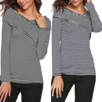 Fashion Crossover V-neck Long Sleeve Slim Fit Striped T-shirt