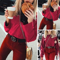 Fashion Solid Color Long Sleeve Round Neck Sweatshirt Crop Top